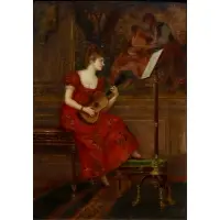 Emile Bare, Period Interior with Woman playing Guitar, Oil on board