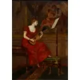Emile Bare, Period Interior with Woman playing Guitar, Oil on board