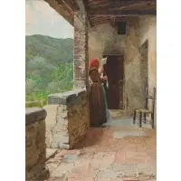 Ernesto Bensa, Woman On a Porch Spinning Yarn, Watercolor