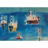 Nachum Gutman, Ships Anchored Near Buoys, Mixed media: watercolor, gouache, graphite