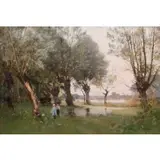 Paul Émile Lecomte, Children Conversing at a River's Edge, Oil on canvas