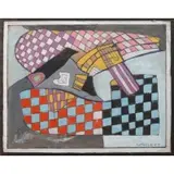 Rolph Scarlett, Untitled (Checkerboard Abstract), Mixed media; gouache, ball point pen