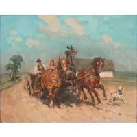 János Viski, Horse Cart with Dog, Oil on canvas
