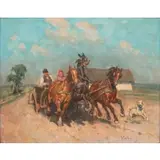 János Viski, Horse Cart with Dog, Oil on canvas