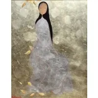 Dihn Quan, Young Woman with Leaves, Lacquer and gold foil on panel