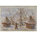 Hugues Claude Pissarro, Snow Scene with Figure and Haystacks, Pastel on rag deckle edge paper