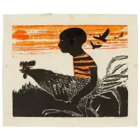 Walter Williams, Fighting Cocks #3, Colored woodcut on paper