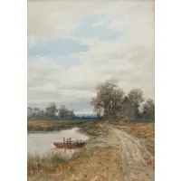 William C. Bauer, Figures on a Road Next to a River, Watercolor on paper