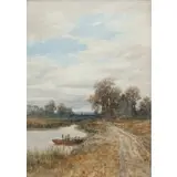 William C. Bauer, Figures on a Road Next to a River, Watercolor on paper