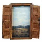Carol Anthony, Mountainous Landscape with Wire Fence, Oil crayon on board mounted in a shutter window frame