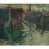 Arturo Pacheco Attamirano, Boats Tired Up in a Harbor, Oil on cardboard