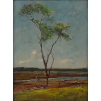 David Wu Ject-Key, Lone Tree with Figure by River's Edge, Oil on canvas