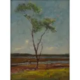 David Wu Ject-Key, Lone Tree with Figure by River's Edge, Oil on canvas