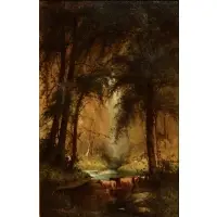 Julie Hart Beers, Cows Drinking in a Forest Stream, Oil on canvas