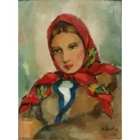Andriy Kotska, Woman with Red Headscarf, Oil on canvas