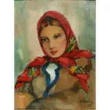 Andriy Kotska, Woman with Red Headscarf, Oil on canvas