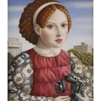 Amy Hill, Woman with headphones, Oil on wood panel
