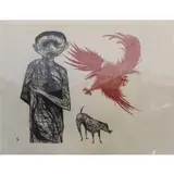 Leonard Baskin, Frightened boy and his dog, Woodcut signed