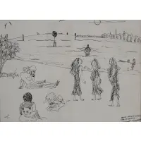 Vincent Smith, Moslem women on the beach in Dar es Salaam, Ink drawing, signed