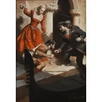 William M. Reusswig, A Brawl in Venice, Mixed media, watercolor, and gouache on paper Signed lower left
