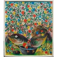 Louis Joseph, Flowers and Chickens, Oil on board