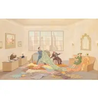 Umberto Baldaccini, Office Interior with Clients Selecting Fabric, 1957, Tempera/Oil on masonite