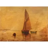 Elisa Taylor "E.T." Baker, A Sloop Preparing to Leave a Cove, Oil on artist board
