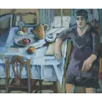 Illegbily Signed, Woman at Table, Oil on canvas