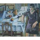 Illegbily Signed, Woman at Table, Oil on canvas