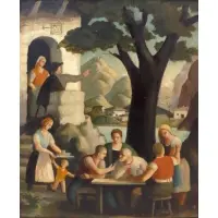 Robert Aigner, Conversations Outdoors, 1929, Oil on panel
