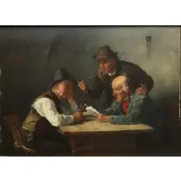 Alfons Spring, Interior Scene with Men Discussing a Letter, Oil on board