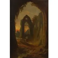 Tourists Inspecting Abbey Ruins by Monogram Signed, Oil on artists board, sold Jun 2025
