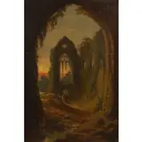 Monogram Signed, Tourists Inspecting Abbey Ruins, Oil on artists board