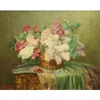 Still-Life of Flowers on a Draped Table by Egon Josef Kossuth, Oil on canvas, sold Jun 2025