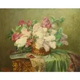 Egon Josef Kossuth, Still-Life of Flowers on a Draped Table, Oil on canvas