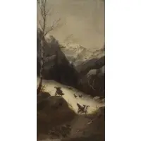 Josef Köpf, Mountainous Landscape with a Flock of Tetrao Grouse, Oil on canvas