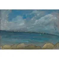 J B Priestley, Coastal Scene with Sailboats, 1967, Gouache on paper