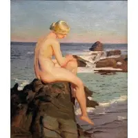 Benito Rebolledo, Female Nude Resting on Rocks, Oil on canvas