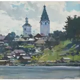 Mikhail Alexandrovich Kaneev, Church Spires by a Lake, 1972, Oil on canvas board