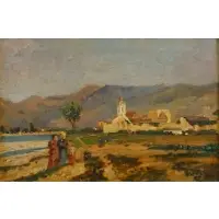 Landscape With Figures and Town by Tina Blau, Oil on board, sold Jun 2025