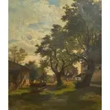 Tina Blau, Figures Walking in Farm Village, Oil on canvas