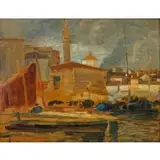 Tina Blau, Fiscerhaffen in Pirano (Fishing Port of Piran, Slovenia), Oil on board