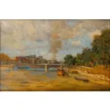 Tina Blau, River Scene with Steam Ship and Bridge, Oil on board