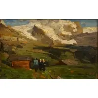 Tina Blau, Figures on Road with Snowy Mountains, Oil on panel