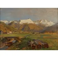 Landscape with Mountains by Tina Blau, 1916, Oil on board, sold Jun 2025