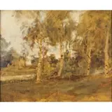 Tina Blau, Landscape with an Animal and House in the Woods, Oil on canvas board