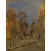 Tina Blau, Figures on a Tree Lined Road, Recto: Oil and pencil on board
