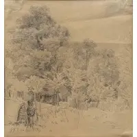 Wilhelm Busch, Old Couple in Wooded Landscape, 1854, Graphite on paper