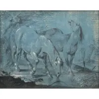 Herman Or Joann Mathias Weyer, Horses Drinking Water, Mixed media on blue paper