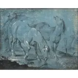 Herman Or Joann Mathias Weyer, Horses Drinking Water, Mixed media on blue paper
